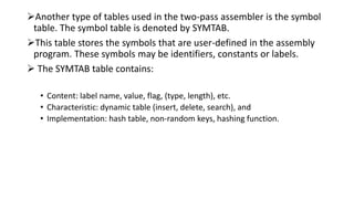 Another type of tables used in the two-pass assembler is the symbol
table. The symbol table is denoted by SYMTAB.
This table stores the symbols that are user-defined in the assembly
program. These symbols may be identifiers, constants or labels.
 The SYMTAB table contains:
• Content: label name, value, flag, (type, length), etc.
• Characteristic: dynamic table (insert, delete, search), and
• Implementation: hash table, non-random keys, hashing function.
 
