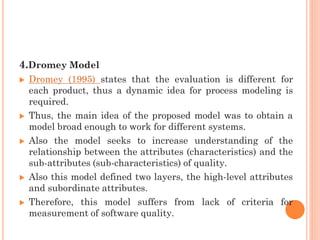 4.Dromey Model
 Dromey (1995) states that the evaluation is different for
each product, thus a dynamic idea for process modeling is
required.
 Thus, the main idea of the proposed model was to obtain a
model broad enough to work for different systems.
 Also the model seeks to increase understanding of the
relationship between the attributes (characteristics) and the
sub-attributes (sub-characteristics) of quality.
 Also this model defined two layers, the high-level attributes
and subordinate attributes.
 Therefore, this model suffers from lack of criteria for
measurement of software quality.
 