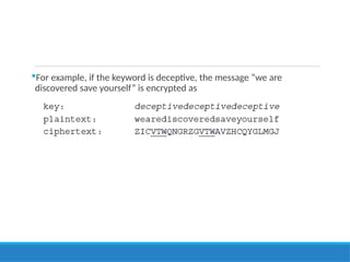 For example, if the keyword is deceptive, the message “we are
discovered save yourself” is encrypted as
 