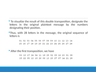  To visualize the result of this double transposition, designate the
letters in the original plaintext message by the numbers
designating their position.
Thus, with 28 letters in the message, the original sequence of
letters is
 After the first transposition, we have
 