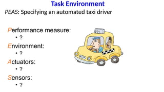 Task Environment
PEAS: Specifying an automated taxi driver
Performance measure:
• ?
Environment:
• ?
Actuators:
• ?
Sensors:
• ?
 