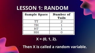 LESSON 1: RANDOM
VARIABES
• X = {0, 1, 2}.
• Then X is called a random variable.
 