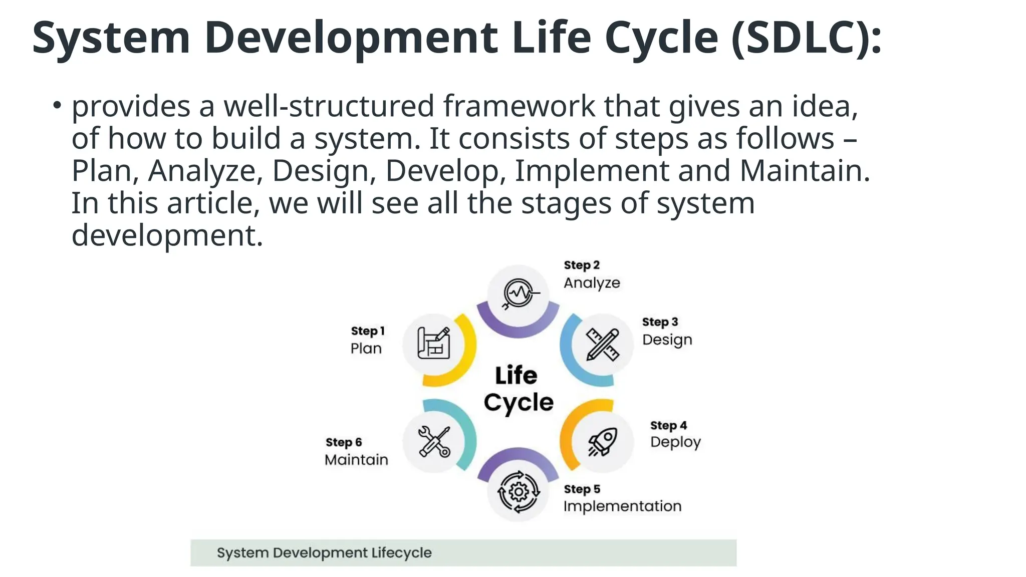 System Development Life Cycle (SDLC):
• provides a well-structured framework that gives an idea,
of how to build a system. It consists of steps as follows –
Plan, Analyze, Design, Develop, Implement and Maintain.
In this article, we will see all the stages of system
development.
 
