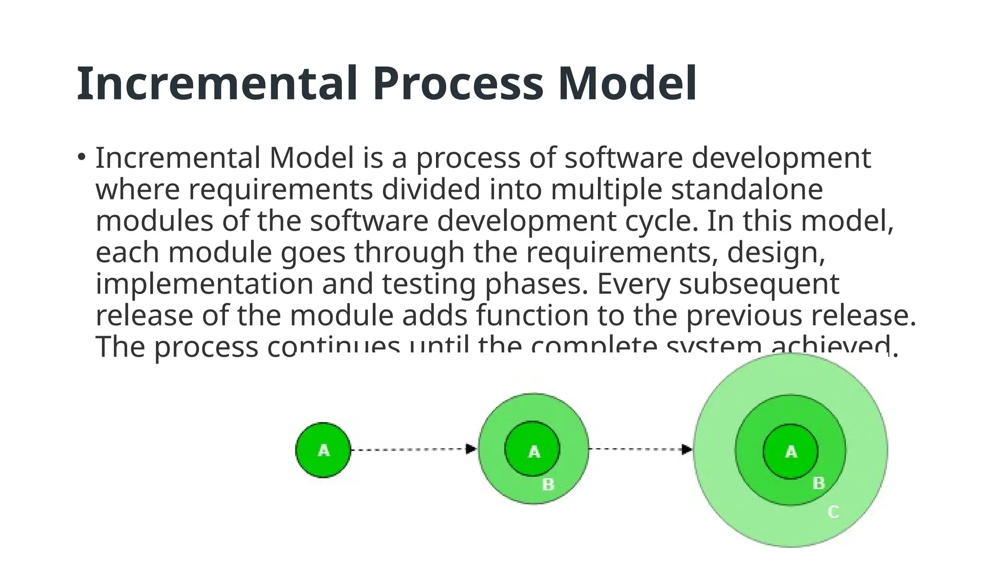 Incremental Process Model
• Incremental Model is a process of software development
where requirements divided into multiple standalone
modules of the software development cycle. In this model,
each module goes through the requirements, design,
implementation and testing phases. Every subsequent
release of the module adds function to the previous release.
The process continues until the complete system achieved.
 
