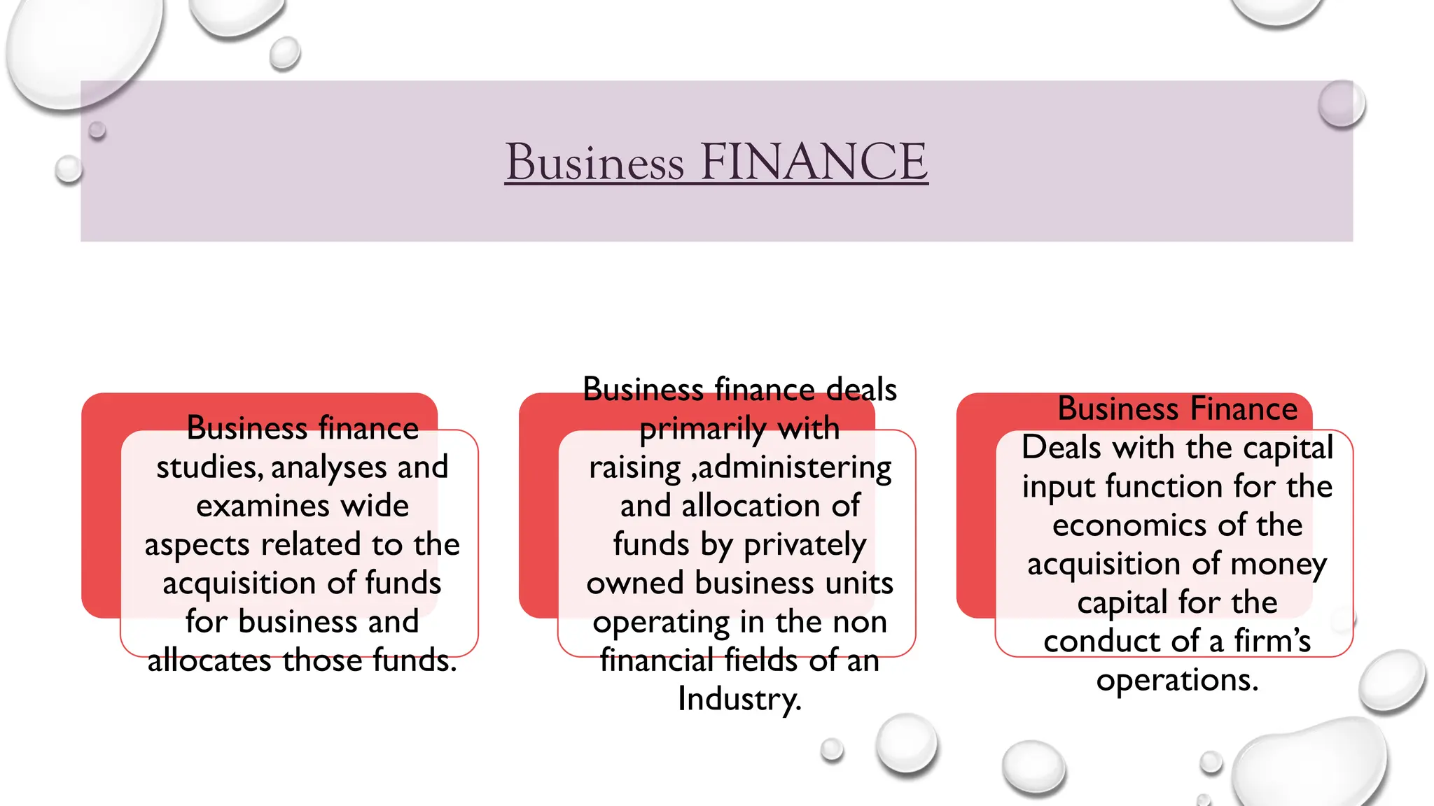 Business FINANCE
Business finance
studies, analyses and
examines wide
aspects related to the
acquisition of funds
for business and
allocates those funds.
Business finance deals
primarily with
raising ,administering
and allocation of
funds by privately
owned business units
operating in the non
financial fields of an
Industry.
Business Finance
Deals with the capital
input function for the
economics of the
acquisition of money
capital for the
conduct of a firm’s
operations.
 