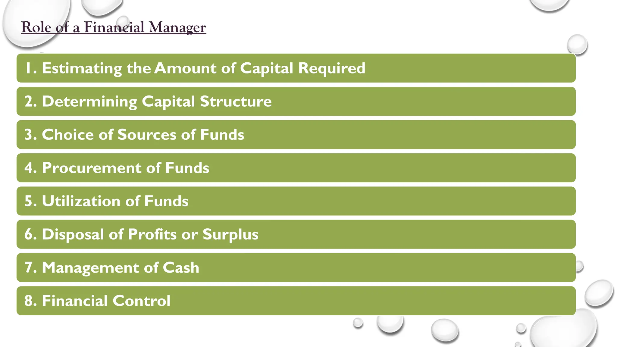 Role of a Financial Manager
1. Estimating the Amount of Capital Required
2. Determining Capital Structure
3. Choice of Sources of Funds
4. Procurement of Funds
5. Utilization of Funds
6. Disposal of Profits or Surplus
7. Management of Cash
8. Financial Control
 