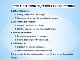 STEP 1: DEFINING OBJECTIVES AND QUESTIONS
1.Define Objectives:
1. Clarify the goals of the analysis.
2. Formulate clear, specific questions to answer.
2.Understand the Problem:
1. Analyze the situation or issue.
2. Identify key aspects that need exploration.
3.Identify Data Needs:
1. Determine what data is necessary.
2. Ensure data aligns with objectives.
4.Define Metrics:
1. Establish metrics or indicators.
2. Measure outcomes and success criteria.
This step sets the foundation and direction for the entire data analysis
process.
 