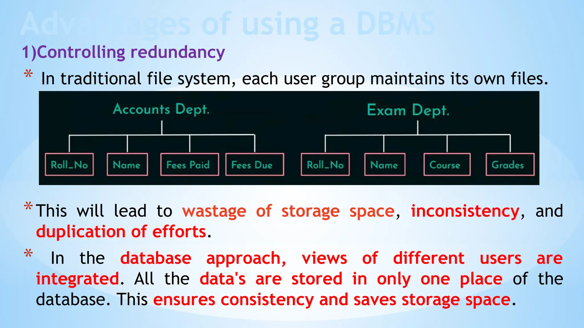 Advantages of using a DBMS
1)Controlling redundancy
* In traditional file system, each user group maintains its own files.
*This will lead to wastage of storage space, inconsistency, and
duplication of efforts.
* In the database approach, views of different users are
integrated. All the data's are stored in only one place of the
database. This ensures consistency and saves storage space.
 