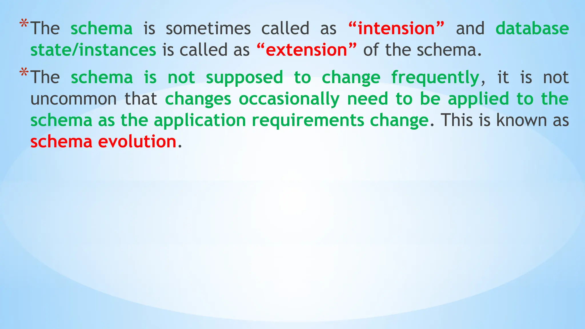 *The schema is sometimes called as “intension” and database
state/instances is called as “extension” of the schema.
*The schema is not supposed to change frequently, it is not
uncommon that changes occasionally need to be applied to the
schema as the application requirements change. This is known as
schema evolution.
 