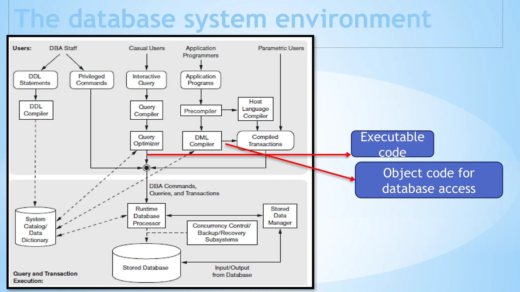 The database system environment
Executable
code
Object code for
database access
 