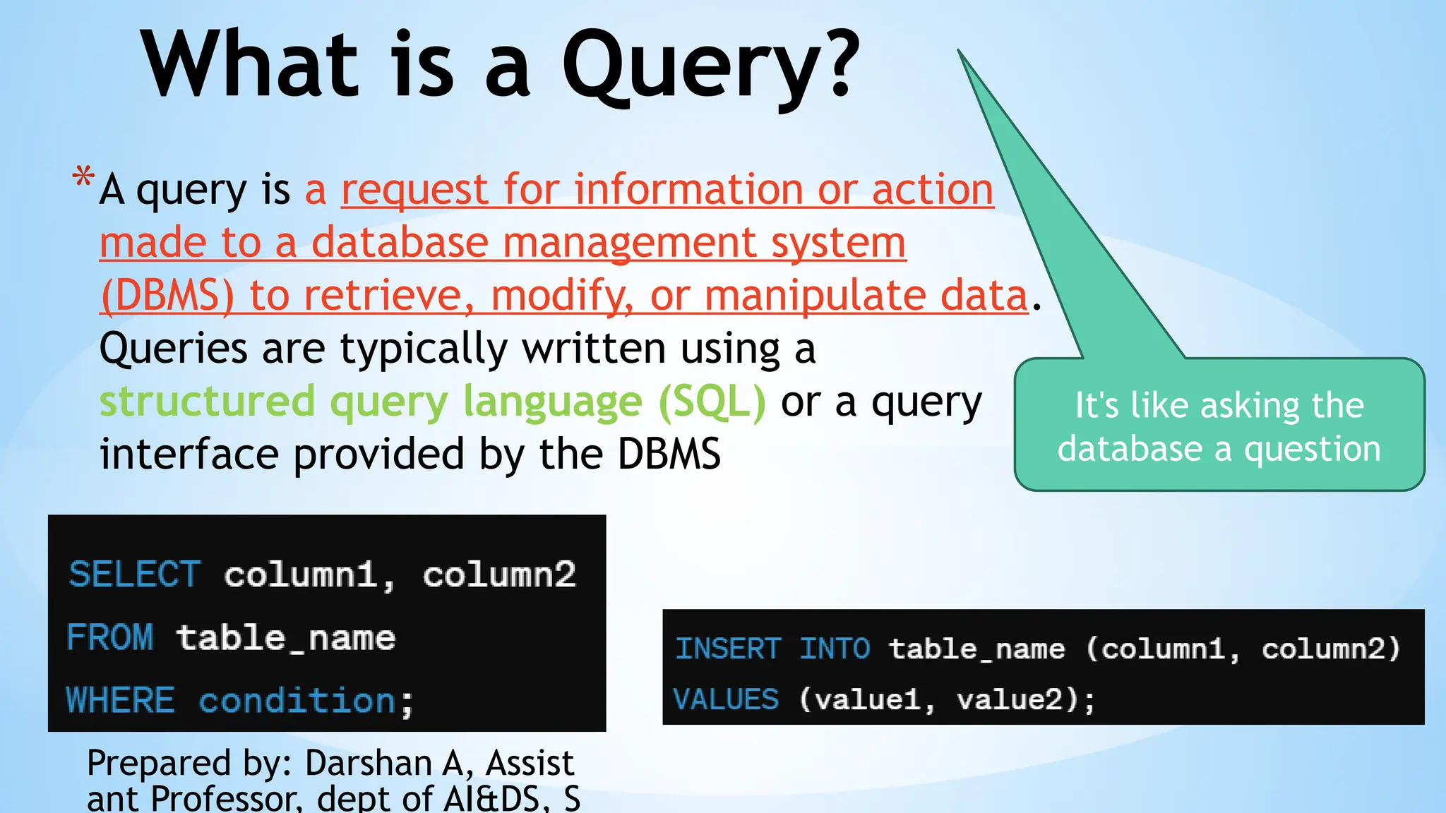 Prepared by: Darshan A, Assist
ant Professor, dept of AI&DS, S
What is a Query?
*A query is a request for information or action
made to a database management system
(DBMS) to retrieve, modify, or manipulate data.
Queries are typically written using a
structured query language (SQL) or a query
interface provided by the DBMS
It's like asking the
database a question
 