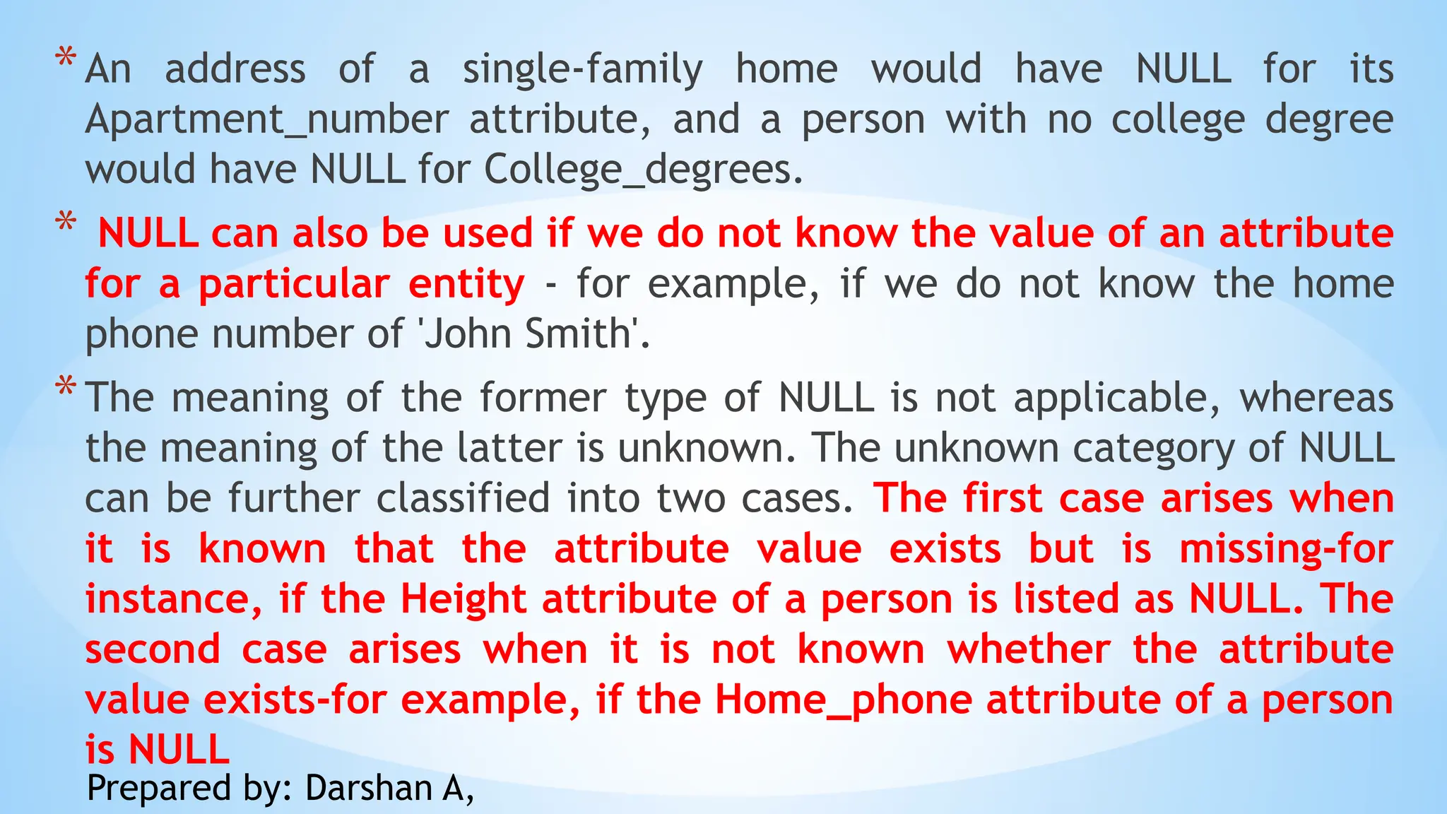 *An address of a single-family home would have NULL for its
Apartment_number attribute, and a person with no college degree
would have NULL for College_degrees.
* NULL can also be used if we do not know the value of an attribute
for a particular entity - for example, if we do not know the home
phone number of 'John Smith'.
*The meaning of the former type of NULL is not applicable, whereas
the meaning of the latter is unknown. The unknown category of NULL
can be further classified into two cases. The first case arises when
it is known that the attribute value exists but is missing-for
instance, if the Height attribute of a person is listed as NULL. The
second case arises when it is not known whether the attribute
value exists-for example, if the Home_phone attribute of a person
is NULL
Prepared by: Darshan A,
 