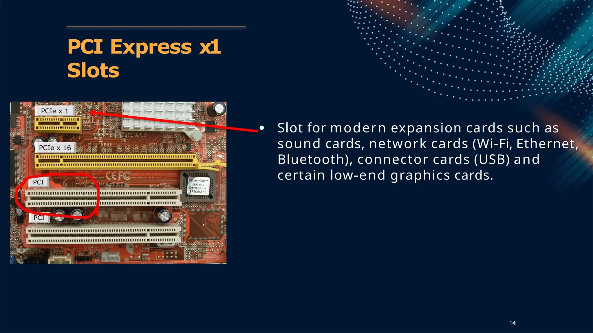 PCI Express x1
Slots
● Slot for modern expansion cards such as
sound cards, network cards (Wi-Fi, Ethernet,
Bluetooth), connector cards (USB) and
certain low-end graphics cards.
14
 