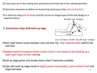 108
It may wrap up on the cutting tool, work piece and interrupt in the cutting operation.
It becomes necessary to deform or break long continuous chips into small pieces.
It is done by using chip breakers and this can be an integral part of the tool design or a
separate device.
2. Continuous chips with built-up edge
When high friction exists between chip and tool, the chip material welds itself to the
tool face.
Welded material increases friction further which in turn leads to the building up a
layer upon layer of chip material.
Build up edge grows and breaks down when it becomes unstable.
Chips with build up edge result in higher power consumption, poor surface finish and
large tool wear
 