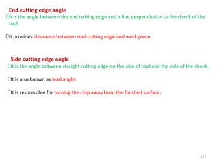 117
End cutting edge angle
It is the angle between the end cutting edge and a line perpendicular to the shank of the
tool.
It provides clearance between tool cutting edge and work piece.
Side cutting edge angle
It is the angle between straight cutting edge on the side of tool and the side of the shank.
It is also known as lead angle.
It is responsible for turning the chip away from the finished surface.
 