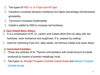 120
Two types of HSS i.e, is T-type and M-Type
Vanadium increases abrasion resistance but higher percentage will decreases
grindability.
Chromium increases hardenability
Cobalt is added to HSS to increase red hardness.
3. Cast Cobalt Base Alloys:
It is a combination of W, Cr, carbon and Cobalt which form an alloy with red
hardness, wear resistance and toughness. It is prepare by casting.
Used for machining Cast iron, alloy steels, non-ferrous metals and super alloys
4. Cemented Carbides:
These are carbides of W, Titanium and tantalum with small amount of cobalt
produced by means of powder metallurgy route.
Two types i.e, Straight Tungsten Carbide Cobalt Grade and Alloyed Tungsten
Carbide Grade
 