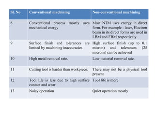Sl. No Conventional machining Non-conventional machining
8 Conventional process mostly uses
mechanical energy
Most NTM uses energy in direct
form. For example : laser, Electron
beam in its direct forms are used in
LBM and EBM respectively
9 Surface finish and tolerances are
limited by machining inaccuracies
High surface finish (up to 0.1
micron) and tolerances (25
microns) can be achieved
10 High metal removal rate. Low material removal rate.
11 Cutting tool is harder than workpiece. There may not be a physical tool
present
12 Tool life is less due to high surface
contact and wear
Tool life is more
13 Noisy operation Quiet operation mostly
 
