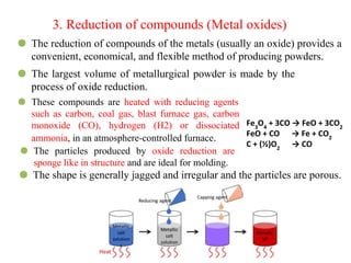 3. Reduction of compounds (Metal oxides)
⚫ The reduction of compounds of the metals (usually an oxide) provides a
convenient, economical, and flexible method of producing powders.
⚫ The largest volume of metallurgical powder is made by the
process of oxide reduction.
⚫ These compounds are heated with reducing agents
such as carbon, coal gas, blast furnace gas, carbon
monoxide (CO), hydrogen (H2) or dissociated
ammonia, in an atmosphere-controlled furnace.
⚫ The particles produced by oxide reduction are
sponge like in structure and are ideal for molding.
⚫ The shape is generally jagged and irregular and the particles are porous.
Fe3
O4
+ 3CO → FeO + 3CO2
FeO + CO → Fe + CO2
C + (½)O2
→ CO
 