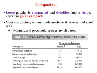 Compacting
• Loose powder is compacted and densified into a shape,
known as green compact.
64
• Most compacting is done with mechanical presses and rigid
tools.
– Hydraulic and pneumatic presses are also used.
 