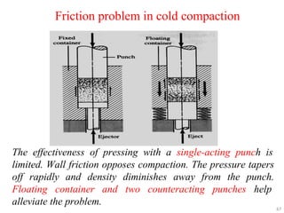 Friction problem in cold compaction
The effectiveness of pressing with a single-acting punch is
limited. Wall friction opposes compaction. The pressure tapers
off rapidly and density diminishes away from the punch.
Floating container and two counteracting punches help
alleviate the problem.
67
 