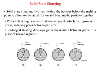 Solid State Sintering
• Solid state sintering involves heating the powder below the melting
point to allow solid-state diffusion and bonding the particles together.
• Particle bonding is initiated at contact point, which then grow into
necks, reducing pores between particles.
• Prolonged heating develops grain boundaries between particle in
place of necked regions.
 