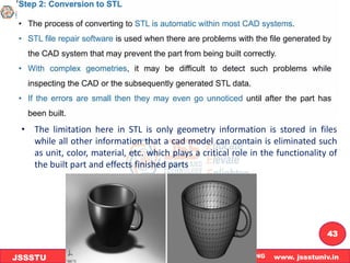 DEPARTMENT OF INDUSTRIAL & PRODUCTION ENGINEERING www. jssstuniv.in
JSSSTU
R
L
J
I
T
43
• The limitation here in STL is only geometry information is stored in files
while all other information that a cad model can contain is eliminated such
as unit, color, material, etc. which plays a critical role in the functionality of
the built part and effects finished parts
 