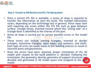 DEPARTMENT OF INDUSTRIAL & PRODUCTION ENGINEERING www. jssstuniv.in
JSSSTU
R
L
J
I
T
44
• Once a correct STL file is available, a series of steps is required to
transfer the information to start the build. The needed information
varies, depending on the technology but in general, these steps start
with repairing any errors within the STL file such as gaps between
surface triangle facets, inverted normal where the "wrong side" of a
triangle facet is identified as the interior of the part.
• Series of steps is carried out to correct possible errors in the model
file.
• These errors can include missing triangles, inverted or double
triangles, transverse triangles, open edges and contours, and shells.
Each type of error can cause issues in the building process or result in
incorrect parts and geometries.
• Once the errors have been repaired, proper orientation of the 3d
model with respect to the build platform is- decided. Following the
orientation, the geometry, density, geometry of support structures are
decided and generated in 3d model space and assigned to the part
model
 