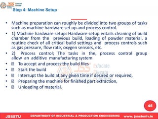 DEPARTMENT OF INDUSTRIAL & PRODUCTION ENGINEERING www. jssstuniv.in
JSSSTU
R
L
J
I
T
45
• Machine preparation can roughly be divided into two groups of tasks
such as machine hardware set up and process control.
• 1) Machine hardware setup: Hardware setup entails cleaning of build
chamber from the previous build, loading of powder material, a
routine check of all critical build settings and process controls such
as gas pressure, flow rate, oxygen sensors, etc.
• 2) Process control; The tasks in the, process control group
allow an additive manufacturing system
• To accept and process the build files
• Start the build
• Interrupt the build at any given time if desired or required,
• Preparing the machine for finished part extraction,
• Unloading of material.
 