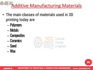 DEPARTMENT OF INDUSTRIAL & PRODUCTION ENGINEERING www. jssstuniv.in
JSSSTU
R
L
J
I
T
80
Additive Manufacturing Materials
• The main classes of materials used in 3D
printing today are
– Polymers
– Metals
– Composites
– Ceramics
– Sand
– Wax
 