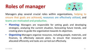 Roles of manager
Managers play several crucial roles within organizations, helping to
ensure that goals are achieved, resources are effectively utilized, and
teams are motivated and productive.
• Planning: Managers are responsible for setting goals and developing
strategies, analyzing the current situation, forecasting future trends, and
creating plans to guide the organization towards its objectives.
• Organizing:Managers organize resources, including people, materials, and
finances, to effectively execute plans. to ensure that resources are
allocated efficiently and tasks are carried out effectively.
5/17/2024 25
 