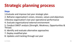 Steps
1.Evaluate and improve last year strategic plan
2. Reframe organisation’s vision, mission, values and objectives
3.Review organisation’s last year operational performance
4. Evaluate organisational external environment
5. Conduct SWOT analysis (Strength, Weakness, Opportunities &
Threat)
6. Identify and evaluate alternative approaches
7. Deploy modified plan
8. Updates and tracking through out year
5/17/2024 90
Strategic planning process
 