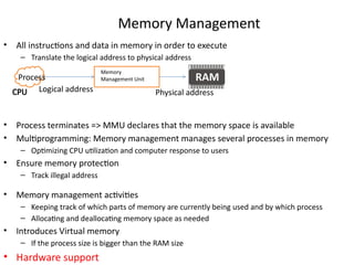 Memory Management
• All instructions and data in memory in order to execute
– Translate the logical address to physical address
• Process terminates => MMU declares that the memory space is available
• Multiprogramming: Memory management manages several processes in memory
– Optimizing CPU utilization and computer response to users
• Ensure memory protection
– Track illegal address
• Memory management activities
– Keeping track of which parts of memory are currently being used and by which process
– Allocating and deallocating memory space as needed
• Introduces Virtual memory
– If the process size is bigger than the RAM size
• Hardware support
Process
Memory
Management Unit
Logical address Physical address
CPU
 