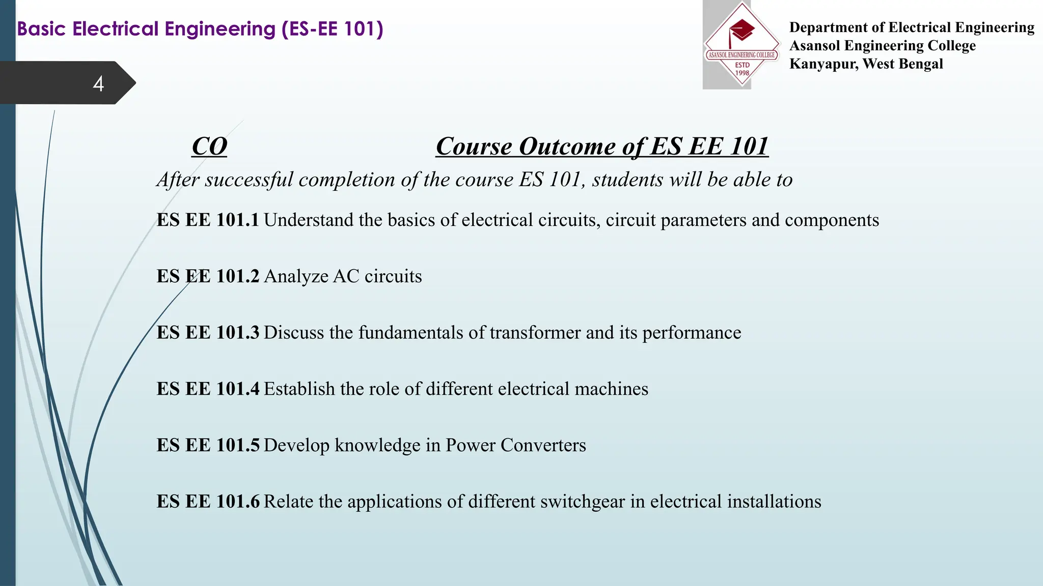 4
Basic Electrical Engineering (ES-EE 101) Department of Electrical Engineering
Asansol Engineering College
Kanyapur, West Bengal
CO Course Outcome of ES EE 101
After successful completion of the course ES 101, students will be able to
ES EE 101.1 Understand the basics of electrical circuits, circuit parameters and components
ES EE 101.2 Analyze AC circuits
ES EE 101.3 Discuss the fundamentals of transformer and its performance
ES EE 101.4 Establish the role of different electrical machines
ES EE 101.5 Develop knowledge in Power Converters
ES EE 101.6 Relate the applications of different switchgear in electrical installations
 