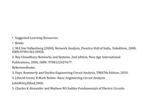 • Suggested Learning Resources:
• Books
1. M.E.Van Valkenburg (2000), Network Analysis, Prentice Hall of India, 3rdedition, 2000,
ISBN:9780136110958.
2. Roy Choudhury-Networks and Systems, 2nd edition, New Age International
Publications, 2006, ISBN: 9788122427677
ReferenceBooks:
3. Hayt, Kemmerly and Durbin-Engineering Circuit Analysis, TMH7th Edition, 2010.
4. J.David Irwin/ R.Mark Nelms- Basic Engineering Circuit Analysis
JohnWiley,8thed,2006.
5. Charles K Alexander and Mathew NO Sadiku-Fundamentals of Electric Circuits
 
