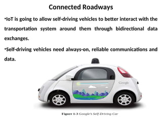 Connected Roadways
•IoT is going to allow self-driving vehicles to better interact with the
transportation system around them through bidirectional data
exchanges.
•Self-driving vehicles need always-on, reliable communications and
data.
 