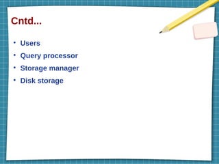 Cntd...
●
Users
●
Query processor
●
Storage manager
●
Disk storage
 