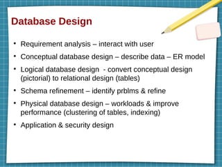 Database Design
●
Requirement analysis – interact with user
●
Conceptual database design – describe data – ER model
●
Logical database design - convert conceptual design
(pictorial) to relational design (tables)
●
Schema refinement – identify prblms & refine
●
Physical database design – workloads & improve
performance (clustering of tables, indexing)
●
Application & security design
 