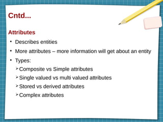 Cntd...
Attributes
●
Describes entities
●
More attributes – more information will get about an entity
●
Types:
➢Composite vs Simple attributes
➢Single valued vs multi valued attributes
➢Stored vs derived attributes
➢Complex attributes
 