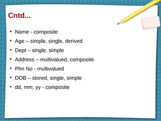Cntd...
●
Name - composite
●
Age – simple, single, derived
●
Dept – single, simple
●
Address – multivalued, composite
●
Phn No - multivalued
●
DOB – stored, single, simple
●
dd, mm, yy - composite
 