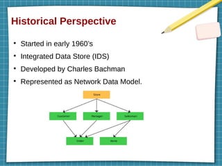Historical Perspective
●
Started in early 1960’s
●
Integrated Data Store (IDS)
●
Developed by Charles Bachman
●
Represented as Network Data Model.
 