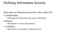11
Defining Information Security
Three types of information protection: often called CIA
• Confidentiality
• Only approved individuals may access information
• Integrity
• Information is correct and unaltered
• Availability
• Information is accessible to authorized users
 