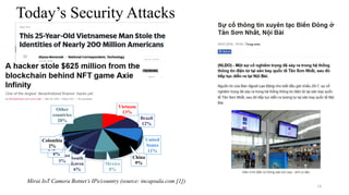 18
Today’s Security Attacks
Vietnam
13%
Brazil
12%
United
States
11%
China
9%
Mexico
8%
South
Korea
6%
Taiwan
5%
Russia
4%
Romania
2%
Colombia
2%
Other
countries
28%
Mirai IoT Camera Botnet’s IPs/country (source: incapsula.com [1])
 