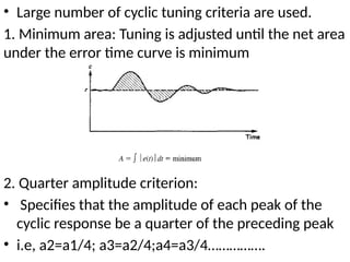 • Large number of cyclic tuning criteria are used.
1. Minimum area: Tuning is adjusted until the net area
under the error time curve is minimum
2. Quarter amplitude criterion:
• Specifies that the amplitude of each peak of the
cyclic response be a quarter of the preceding peak
• i.e, a2=a1/4; a3=a2/4;a4=a3/4…………….
 