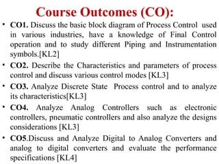 Course Outcomes (CO):
• CO1. Discuss the basic block diagram of Process Control used
in various industries, have a knowledge of Final Control
operation and to study different Piping and Instrumentation
symbols.[KL2]
• CO2. Describe the Characteristics and parameters of process
control and discuss various control modes [KL3]
• CO3. Analyze Discrete State Process control and to analyze
its characteristics[KL3]
• CO4. Analyze Analog Controllers such as electronic
controllers, pneumatic controllers and also analyze the designs
considerations [KL3]
• CO5.Discuss and Analyze Digital to Analog Converters and
analog to digital converters and evaluate the performance
specifications [KL4]
 
