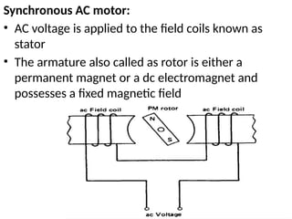 Synchronous AC motor:
• AC voltage is applied to the field coils known as
stator
• The armature also called as rotor is either a
permanent magnet or a dc electromagnet and
possesses a fixed magnetic field
 