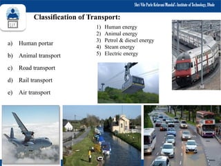 Shri Vile Parle Kelavani Mandal’s Institute of Technology, Dhule
Department of Civil Engineering
a) Human portar
b) Animal transport
c) Road transport
d) Rail transport
e) Air transport
18
Classification of Transport:
1) Human energy
2) Animal energy
3) Petrol & diesel energy
4) Steam energy
5) Electric energy
 