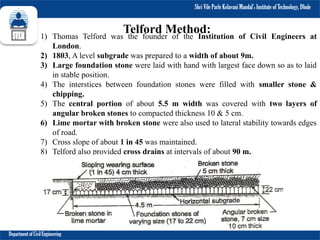 Shri Vile Parle Kelavani Mandal’s Institute of Technology, Dhule
Department of Civil Engineering
Telford Method:
1) Thomas Telford was the founder of the Institution of Civil Engineers at
London.
2) 1803, A level subgrade was prepared to a width of about 9m.
3) Large foundation stone were laid with hand with largest face down so as to laid
in stable position.
4) The interstices between foundation stones were filled with smaller stone &
chipping.
5) The central portion of about 5.5 m width was covered with two layers of
angular broken stones to compacted thickness 10 & 5 cm.
6) Lime mortar with broken stone were also used to lateral stability towards edges
of road.
7) Cross slope of about 1 in 45 was maintained.
8) Telford also provided cross drains at intervals of about 90 m.
 
