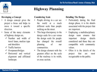 Shri Vile Parle Kelavani Mandal’s Institute of Technology, Dhule
Department of Civil Engineering 67
Shri Vile Parle Kelavani Mandal’s Institute of Technology, Dhule
Highway Planning
 