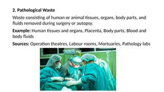 2. Pathological Waste
Waste consisting of human or animal tissues, organs, body parts, and
fluids removed during surgery or autopsy.
Example: Human tissues and organs, Placenta, Body parts, Blood and
body fluids
Sources: Operation theatres, Labour rooms, Mortuaries, Pathology labs
 