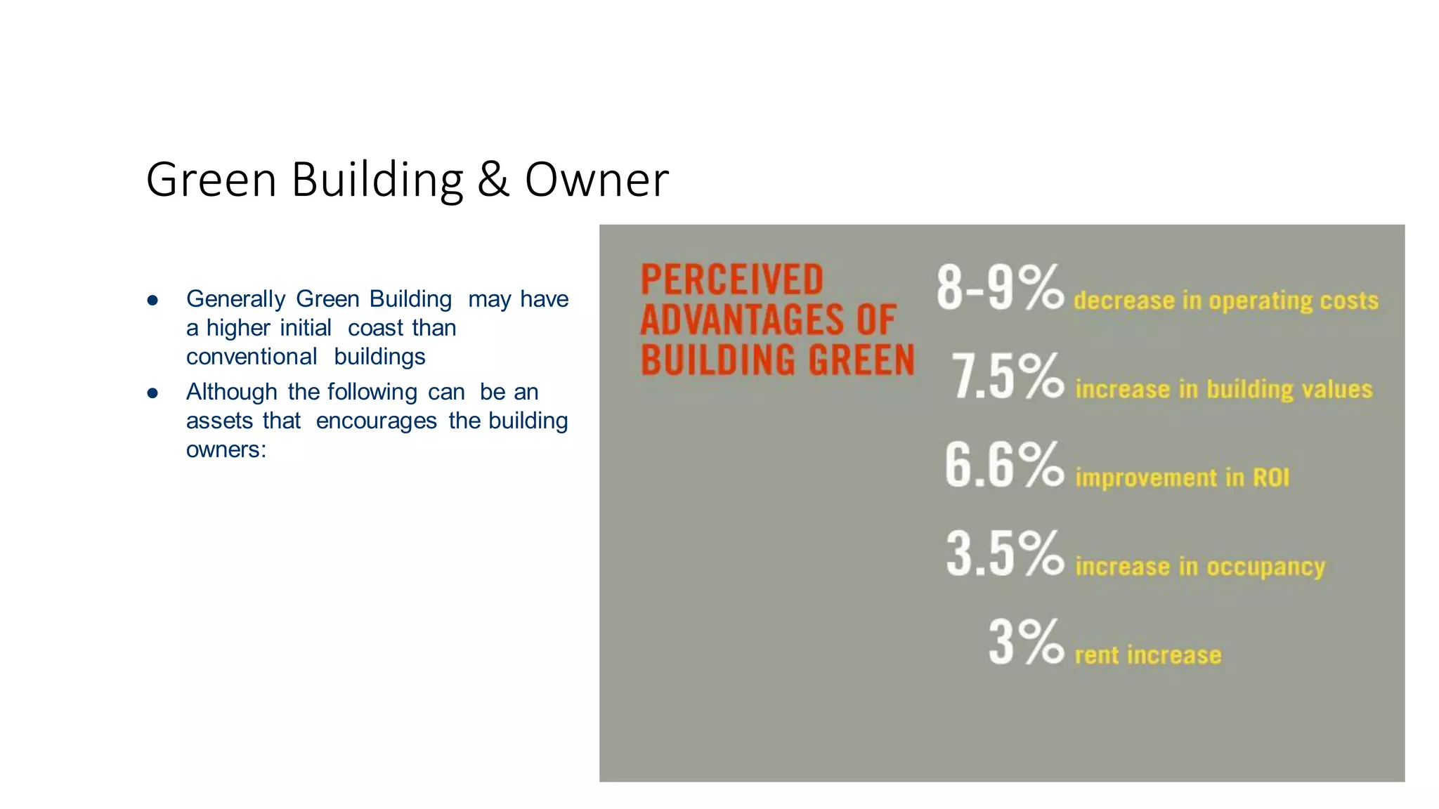 Green Building & Owner
 Generally Green Building may have
a higher initial coast than
conventional buildings
 Although the following can be an
assets that encourages the building
owners:
 